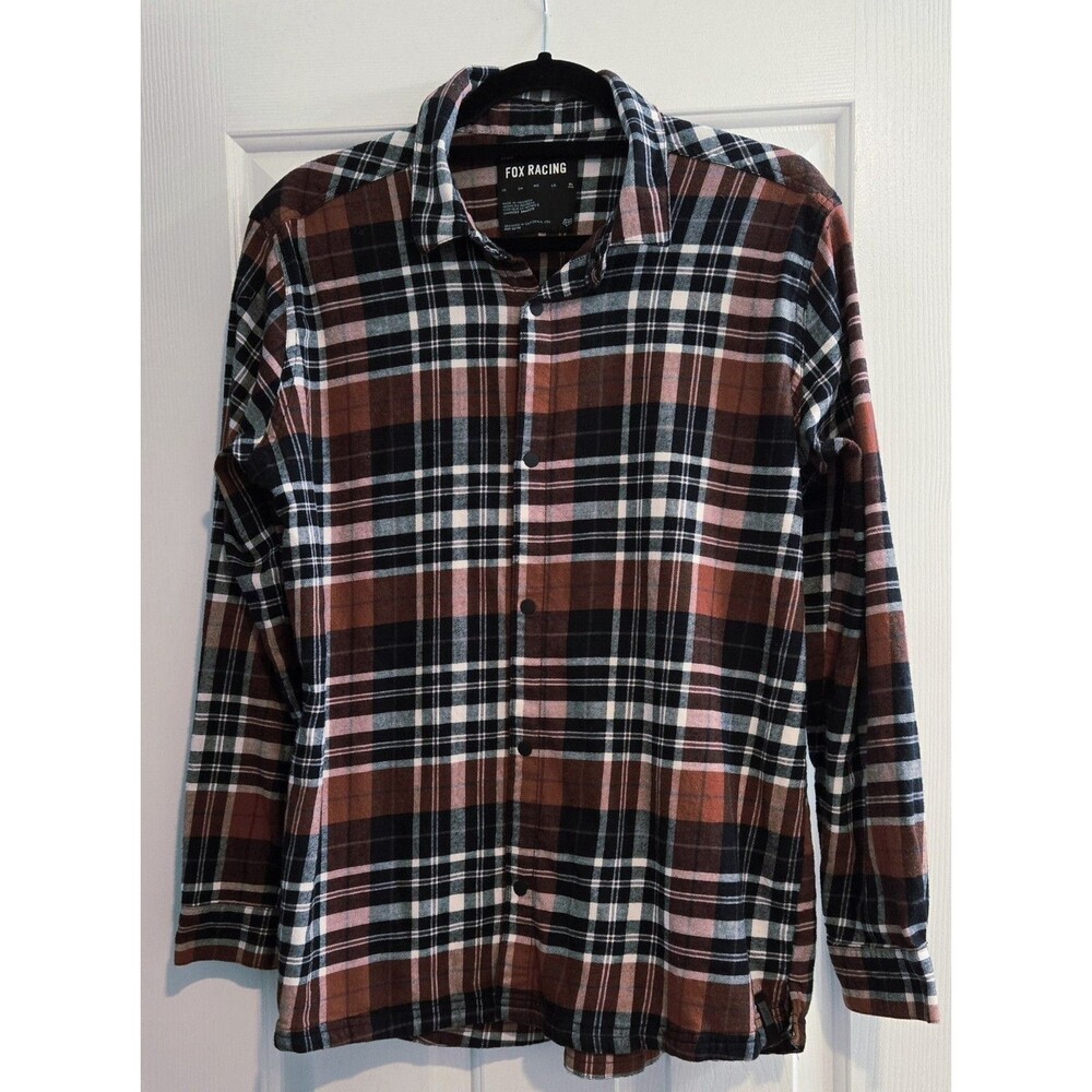Fox Racing Long-Sleeve Flannel Snap Button Shirt Plaid Size XL Rust Black White